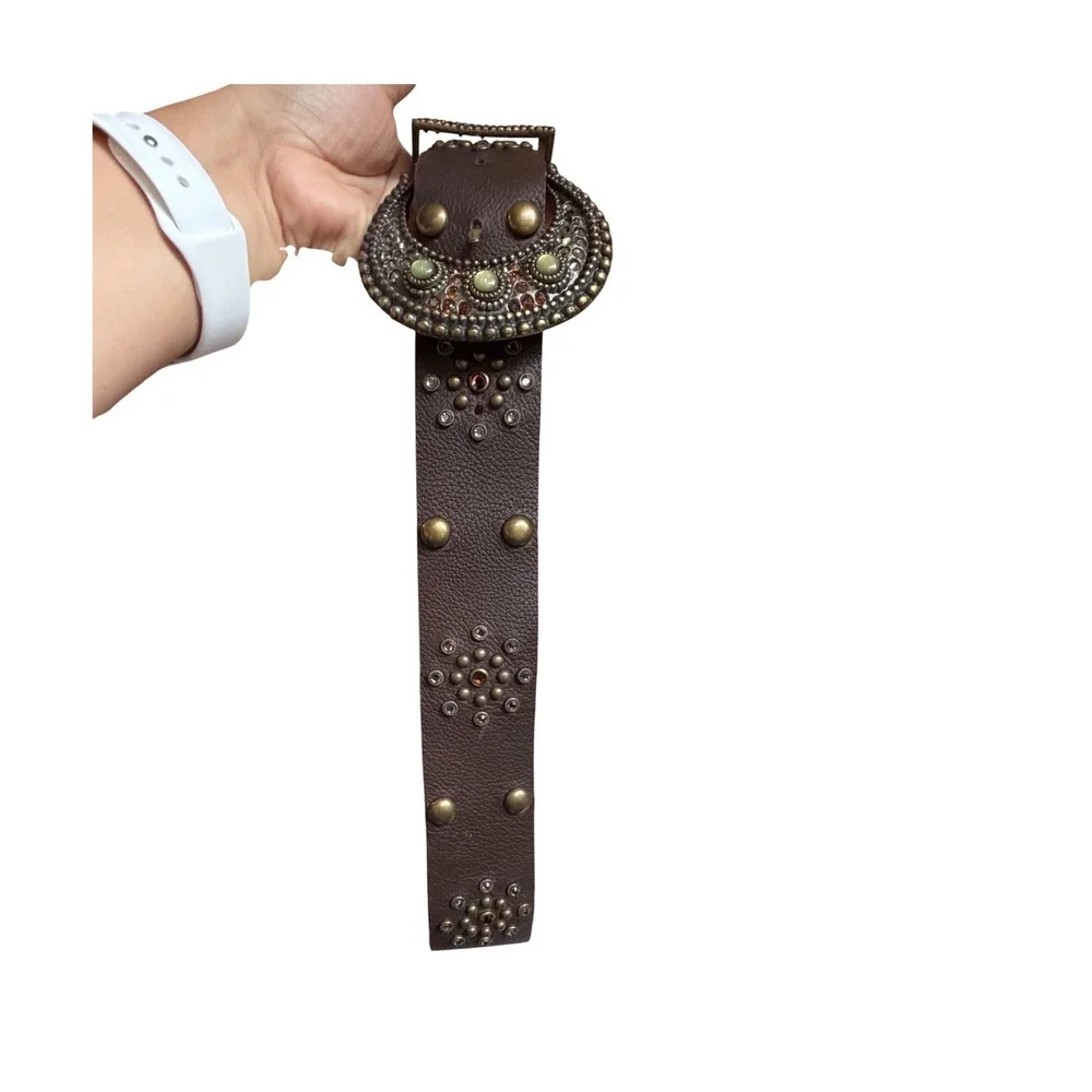 Vintage LEATHERROCK USA Brown Leather Western Rhinestone Belt Boho 41